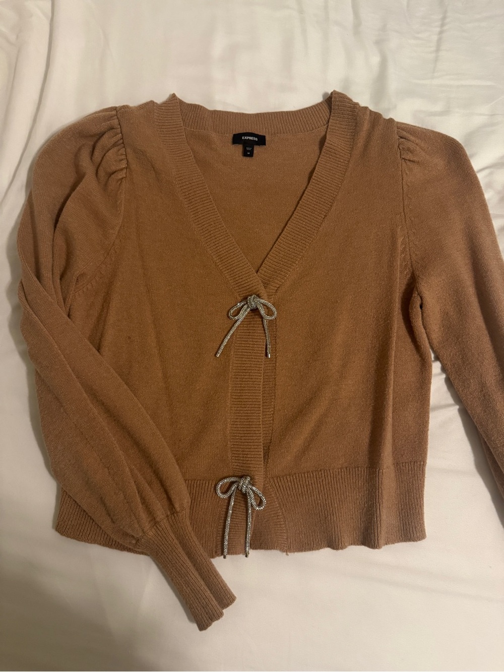 Express Camel/Tan V-Neck Tie-Front Puff Sleeve Sweater